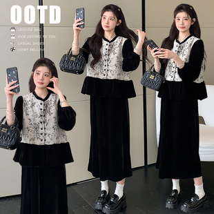 2025秋冬新款孕妇装高定丝绒减龄拼接上衣搭配可调节半身裙两件套