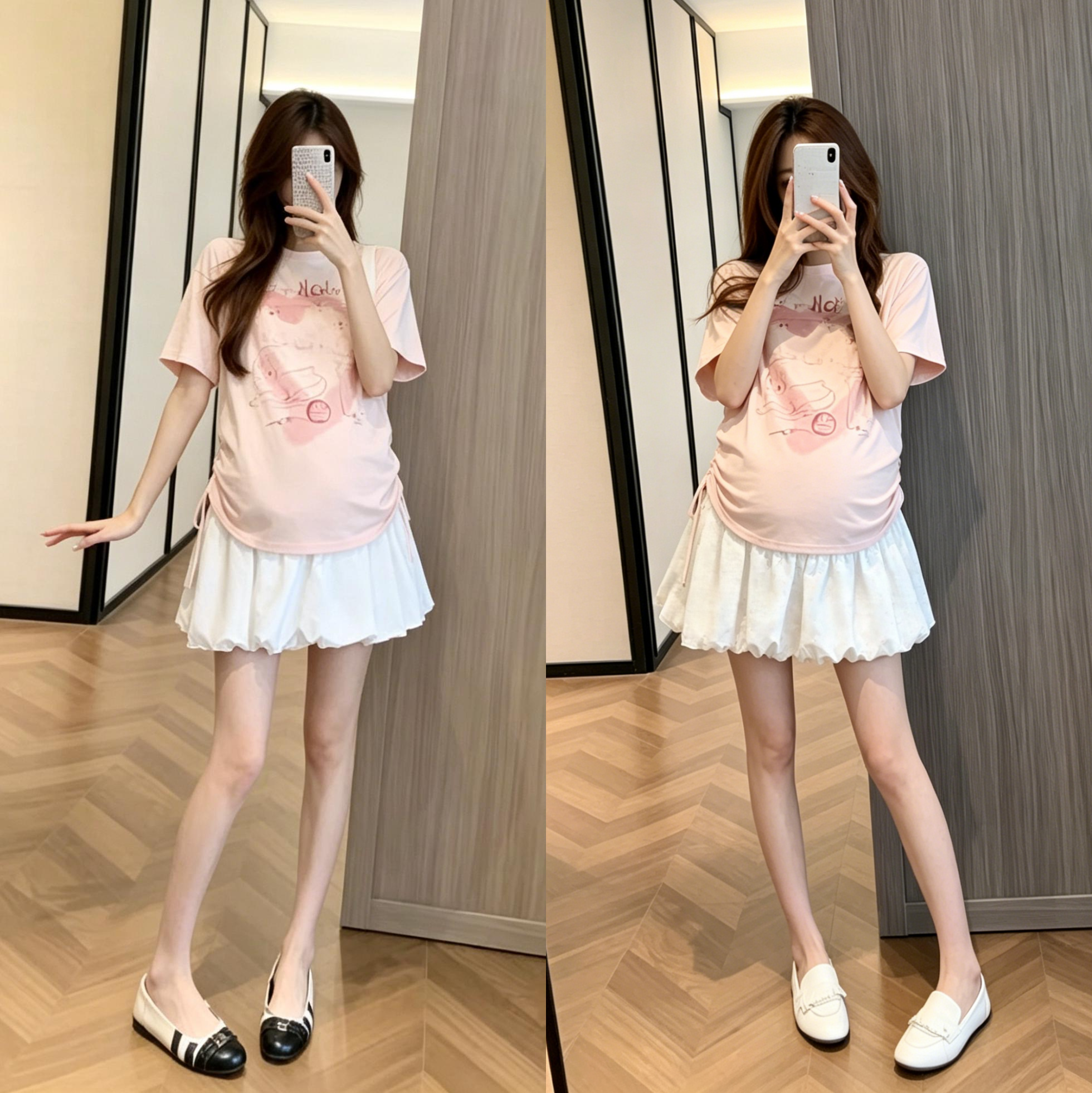 孕妇两件套夏季新款时尚印花抽绳上衣托腹花苞裙裤2026年韩版女