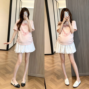 孕妇两件套夏季新款时尚印花抽绳上衣托腹花苞裙裤2026年韩版女