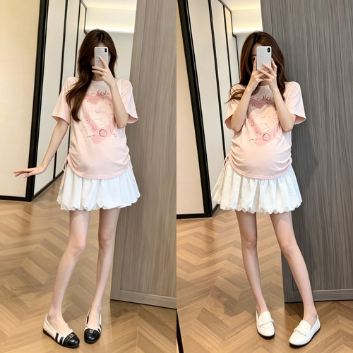 孕妇夏季托腹抽绳花苞裤两件套