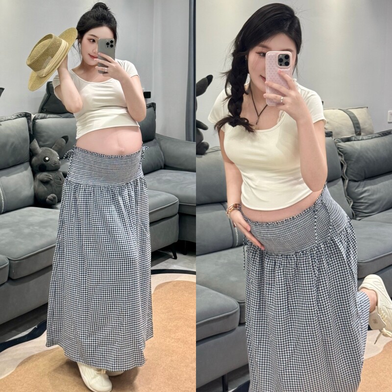 孕妇半身裙夏季新款时尚设计感复古格子托腹遮肚裙子2026年韩版女