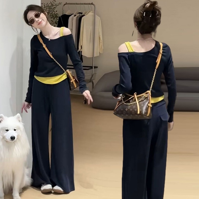 孕妇装秋装2025套装设计感长袖露肩百搭上衣宽松抽绳阔腿裤两件套