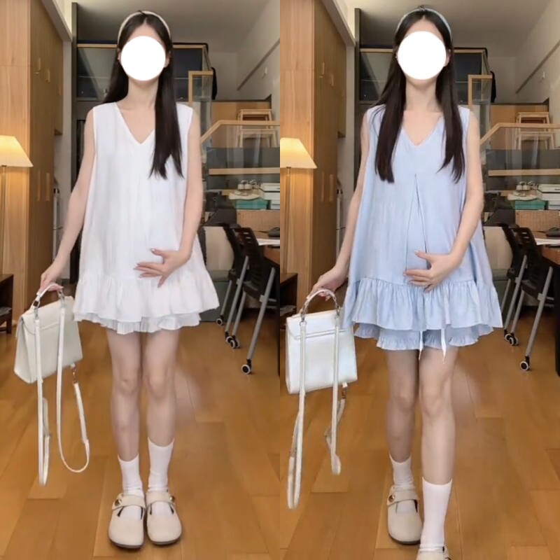 孕妇两件套夏季新款时尚大码简约无袖上衣猪鼻扣阔腿裤2026年韩版