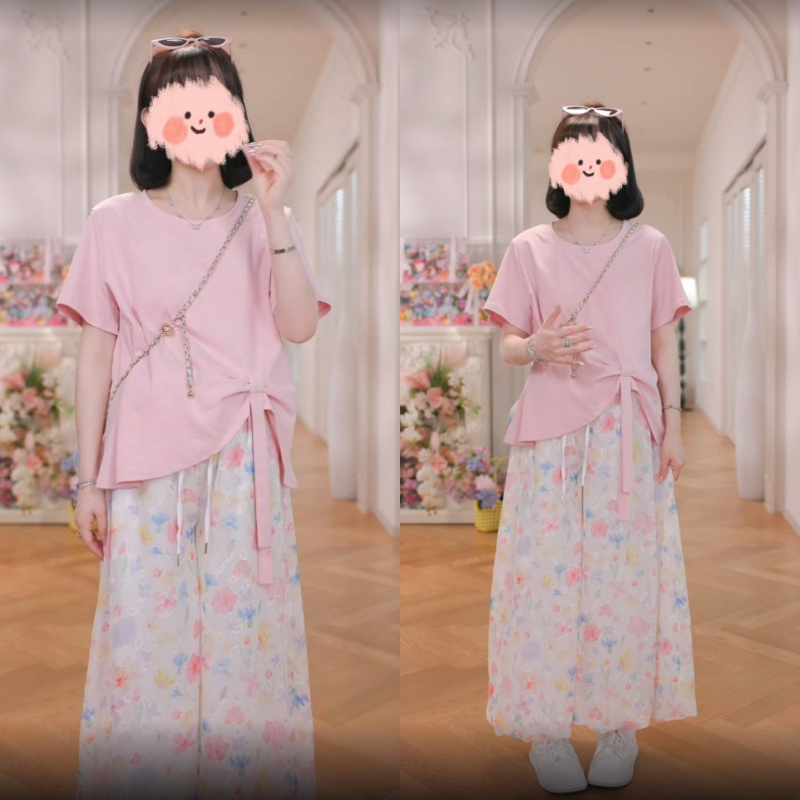 设计感孕妇短袖百搭纯色圆领短袖上衣2025新款无托腹花苞裤两件套