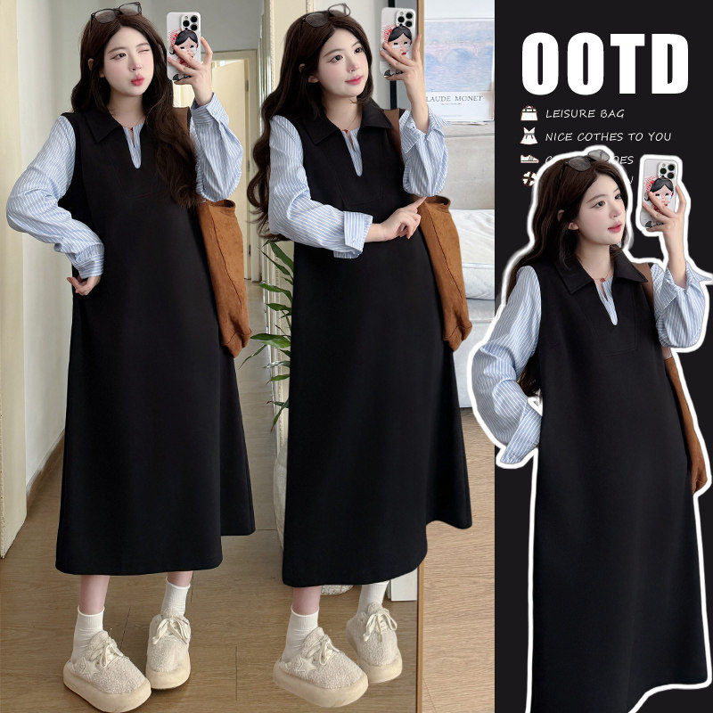 2025时尚孕妇装秋冬款裙子长袖假两件设计感拼接中长款洋气连衣裙