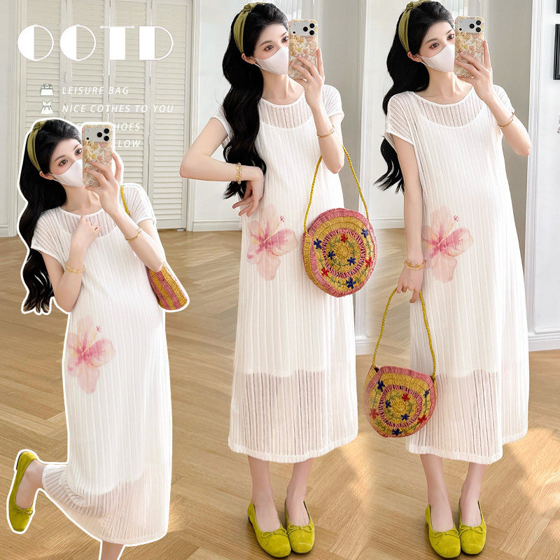 孕妇套装夏季新款时尚圆领花朵连衣裙搭配显瘦吊带裙2026年韩版女