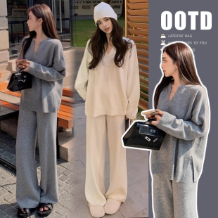 春秋款 2025新款 套装 休闲百搭宽松外穿长袖 时尚 V领纯色套装 孕妇装