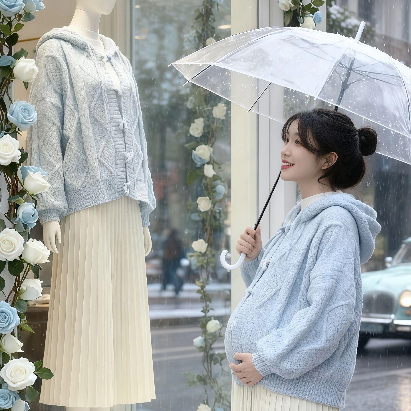 秋冬款孕妇装套装时尚针织连帽外套搭配纯色打底连衣裙韩版两件套