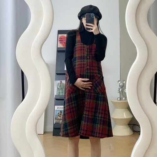 孕妇装秋季格仔毛呢背带裙套装