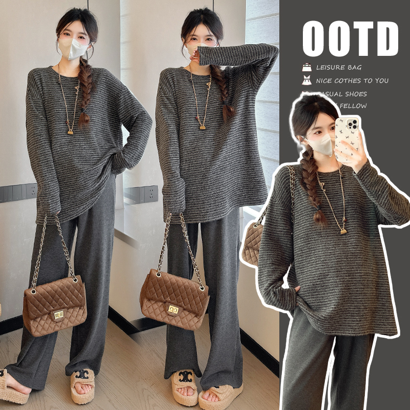 孕妇套装2025新款秋装长袖条纹