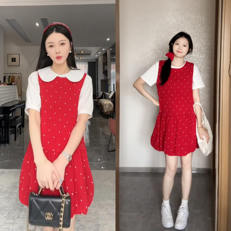 孕妇百搭上衣+波点背心裙套装