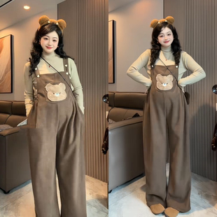 孕妇装秋冬款新款套装长袖百搭打底上衣搭配加绒可爱背带裤两件套