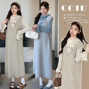 新款 设计感百搭上衣两穿背心裙韩版 孕妇装 长袖 两件套 套装 2025秋季