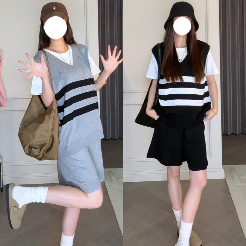 孕妇两件套时尚韩系假两件拼接上衣托腹阔腿短裤2026年夏季韩版女