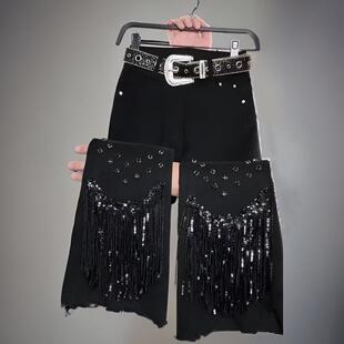 2025新款黑色亮片流苏牛仔裤女高腰显瘦设计感微喇九分裤小个子女