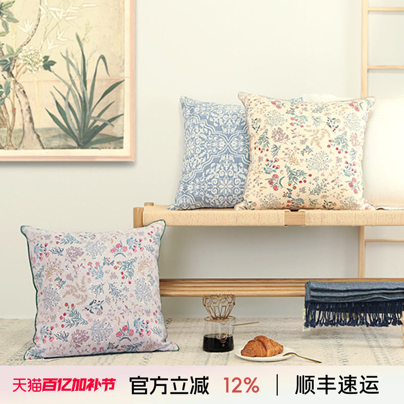 阳春小镇美式田园小碎花护腰靠垫双面棉麻抱枕沙发床头亚麻靠枕