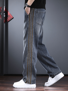 重磅休闲牛仔裤男秋冬款潮牌高级感宽松直筒长裤测边条纹高街男裤