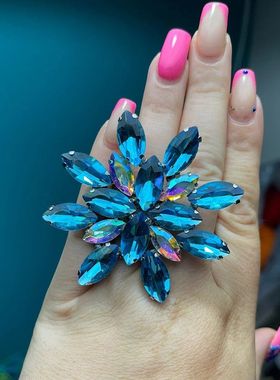 速卖通花形戒指夸张个性可调节水钻指环时尚配饰女ring