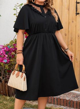 Dresses欧美跨境大码纯色亚马逊V领蕾丝镂空气质优雅黑色连衣裙女