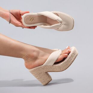 女士麻绳坡跟厚底凉鞋夹趾人字拖夏季渡假防水台高跟鞋超高跟