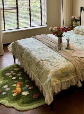 4hsong卧室绿草地地毯花卉植物多巴胺客厅儿童床边毯防滑植绒地垫