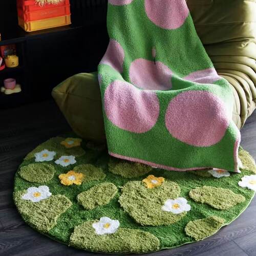 绿植地毯客厅多巴胺儿童卧室床边毯飘窗垫植绒地垫浴室门口圆形毯