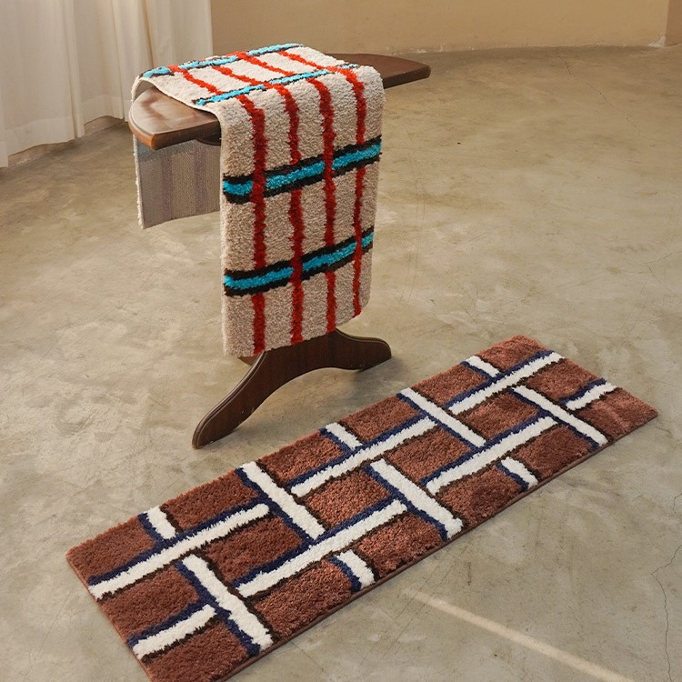 原创地毯ins条纹植绒簇绒床边毯家用儿童卧室地毯防滑可机洗地垫