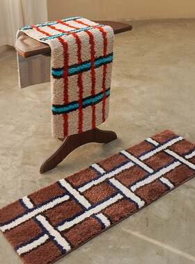 原创地毯ins条纹植绒簇绒床边毯家用儿童卧室地毯防滑可机洗地垫