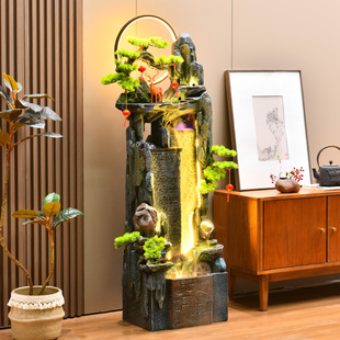 中式 饰屏风水幕墙招财 假山流水摆件循环水高山水景落地喷泉客厅装