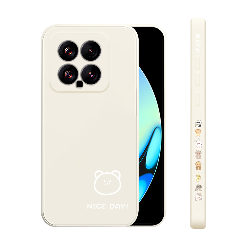适用于小米14pro手机壳新款小米14ultra保护套液态硅胶简画熊和兔xiaomi14直边防摔镜头全包软外壳男女生简约