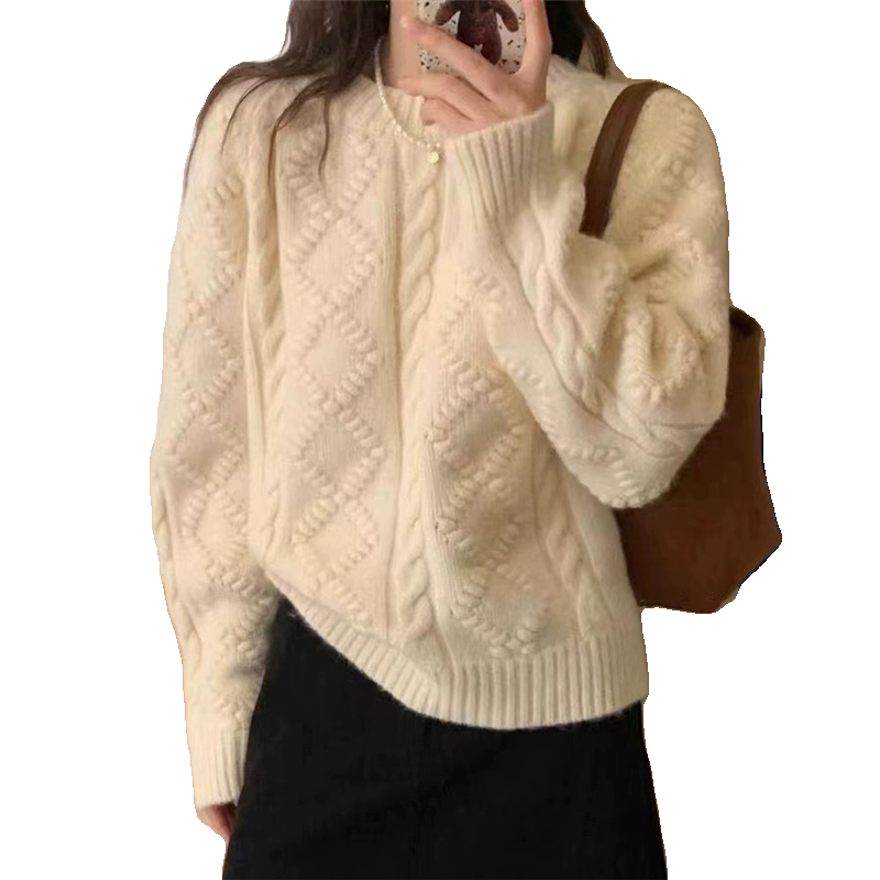 麻花毛衣女秋冬季设计感小众长袖上衣宽松套头软糯短款百搭针织衫