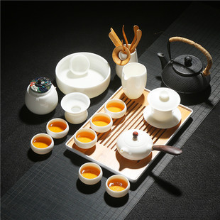 德化羊脂玉汉白瓷功夫茶具套装高档家用简约泡茶侧把壶盖碗杯陶瓷