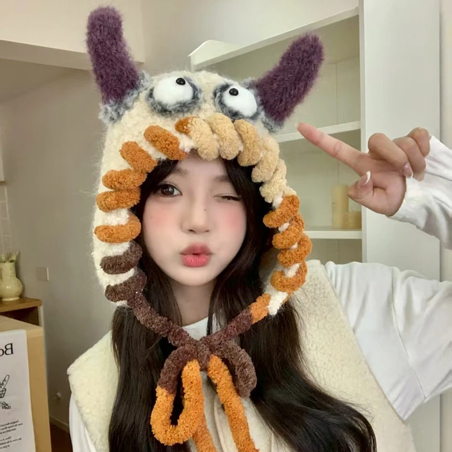 怪兽甜美可爱搞怪毛绒帽子女秋冬季加厚保暖护耳帽户外骑车包头帽