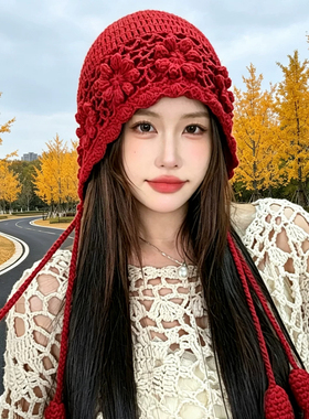 民族风针织帽子女2026新款红色手工钩织毛线帽川西旅游拍照套头帽