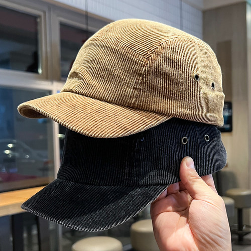 日系新款复古灯芯绒鸭舌帽子男女街头工装短檐帽秋冬季百搭棒球帽