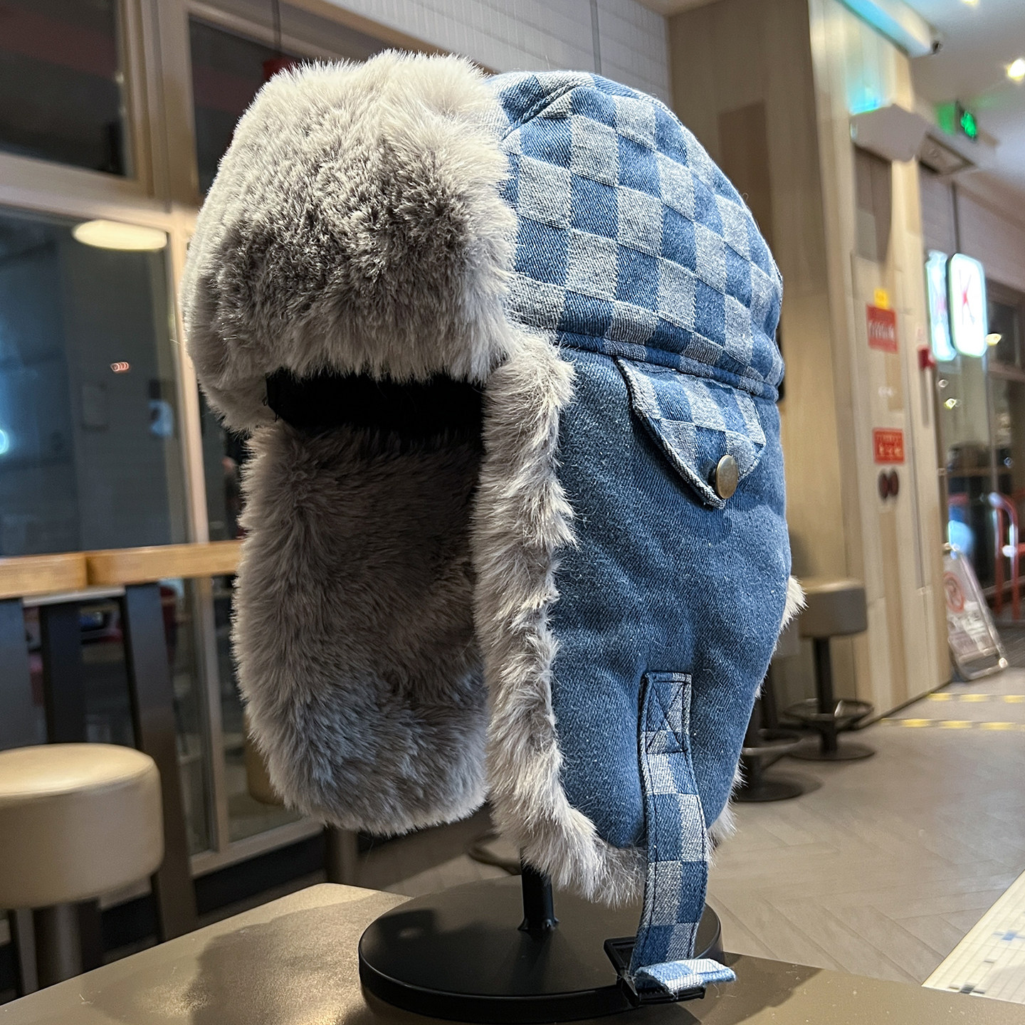 雪地户外骑行雷锋帽男女大头围冬季牛仔格纹护耳帽防冻保暖毛绒帽