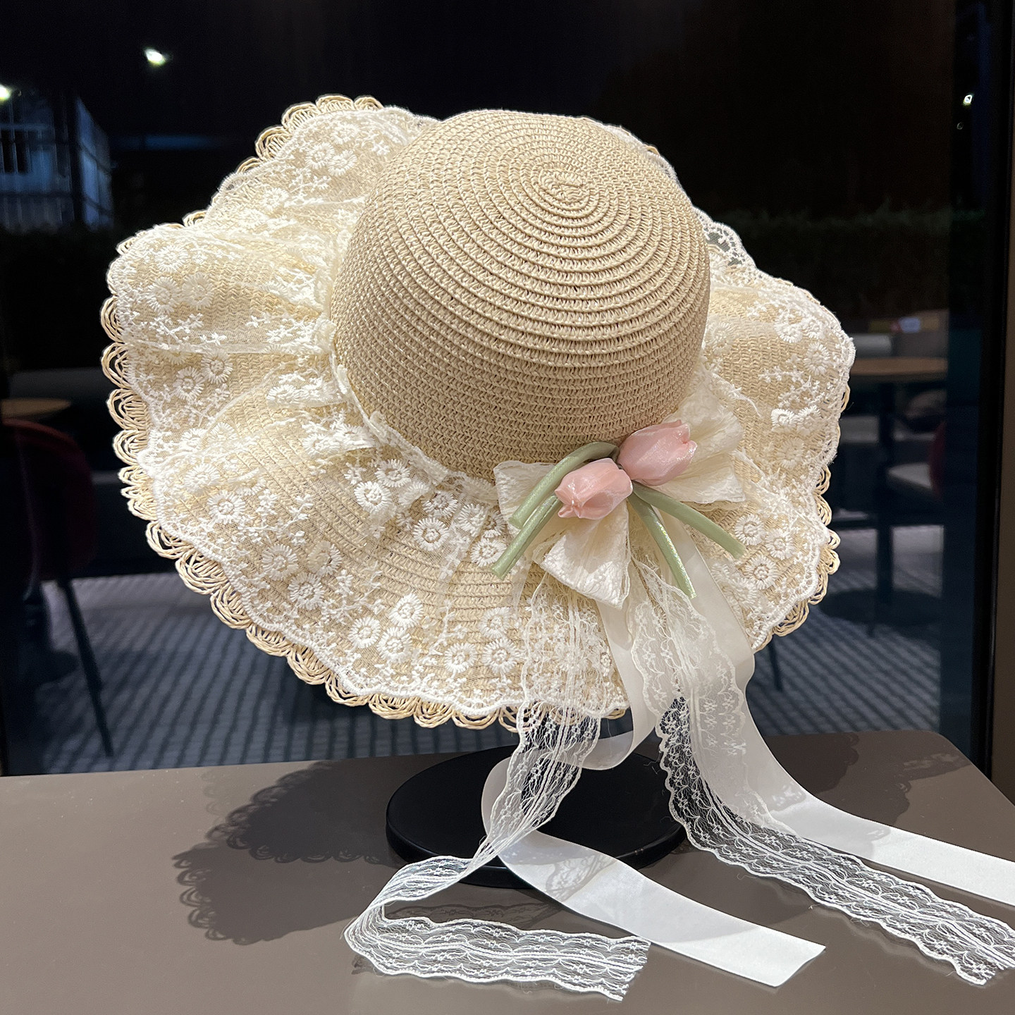 蕾丝花朵蝴蝶结草帽女夏季大帽檐防晒遮阳帽子出游度假海边沙滩帽