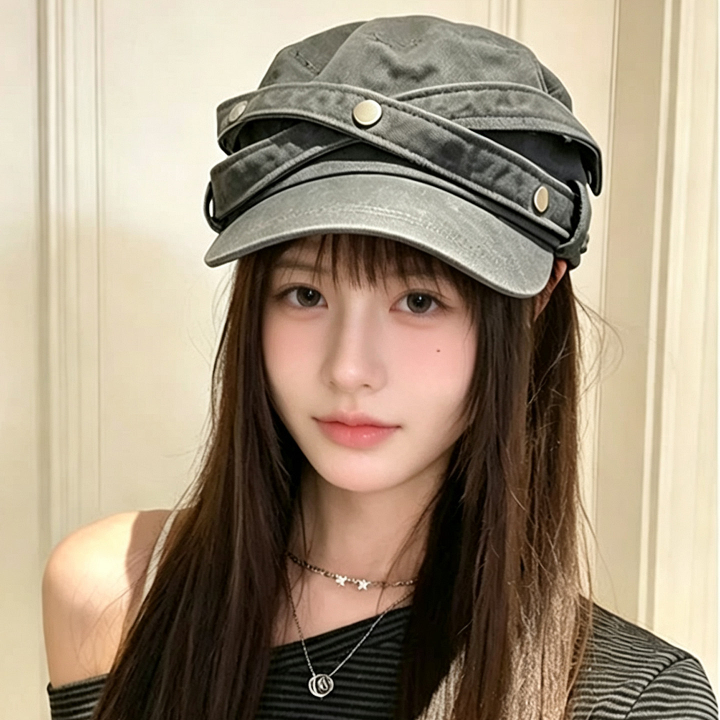 复古做旧铆钉平顶帽子女2026新款早秋新款韩系百搭显脸小鸭舌帽潮