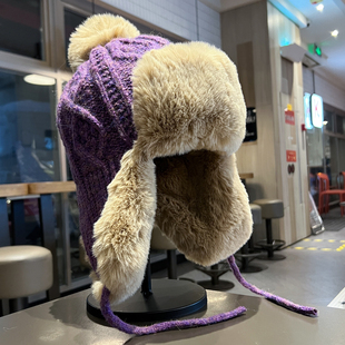 东北毛绒雷锋帽女冬季加厚加绒保暖针织毛线帽户外骑车防风护耳帽