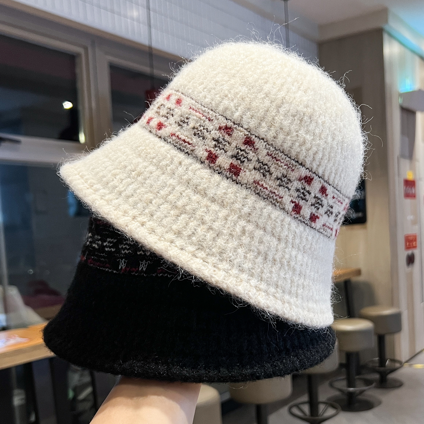 费尔岛复古提花针织渔夫帽女秋冬季保暖护耳帽子百搭显脸小水桶帽