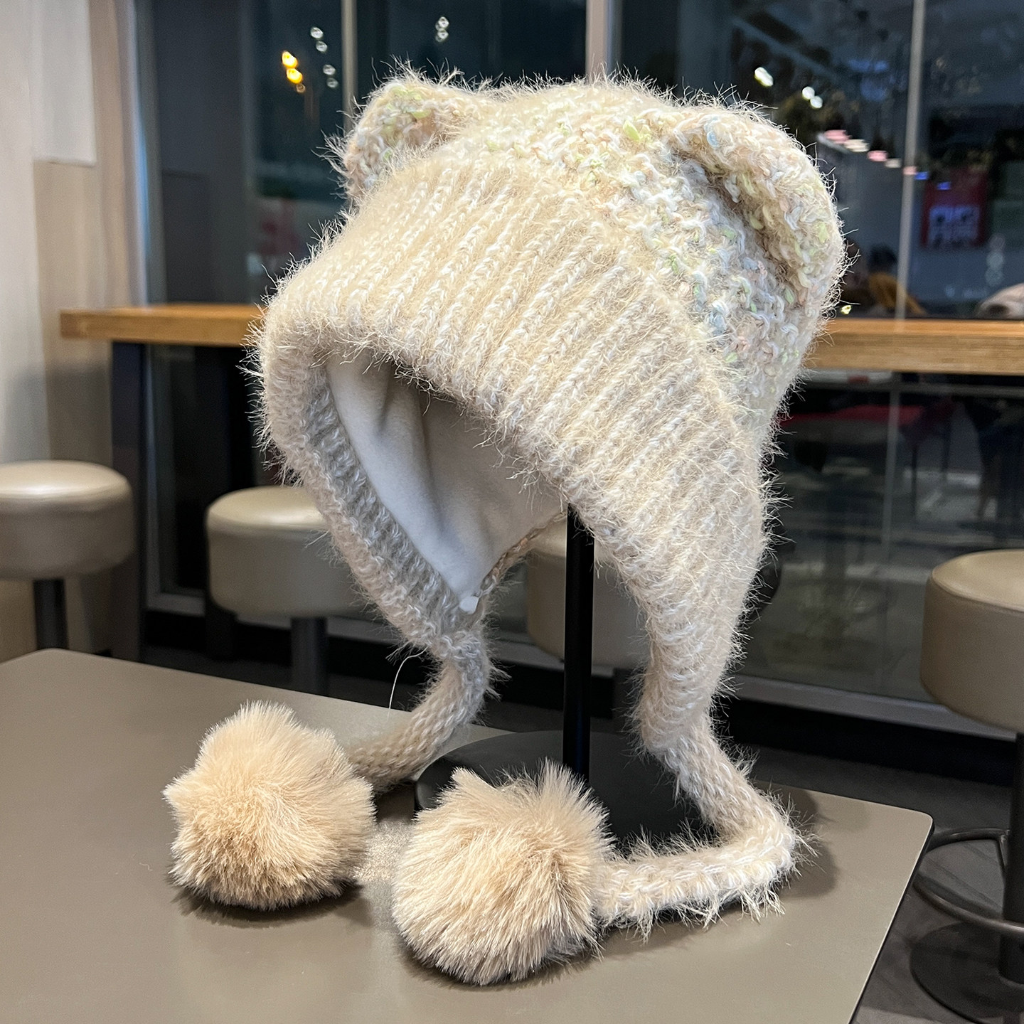 可爱小熊耳朵毛绒帽子女秋冬季加厚加绒护耳帽日系混色针织套头帽