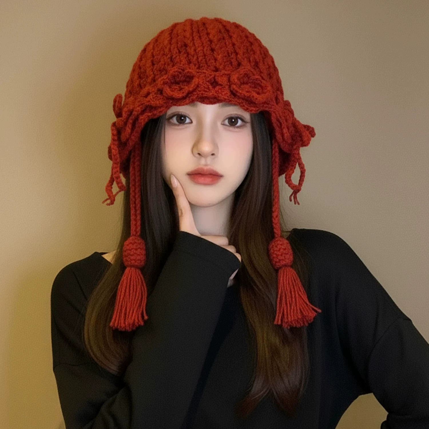 复古花朵手工编织辫子毛线帽女2026秋冬季保暖百搭流苏套头针织帽