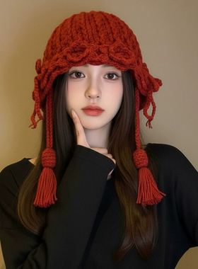 复古花朵手工编织辫子毛线帽女2026秋冬季保暖百搭流苏套头针织帽