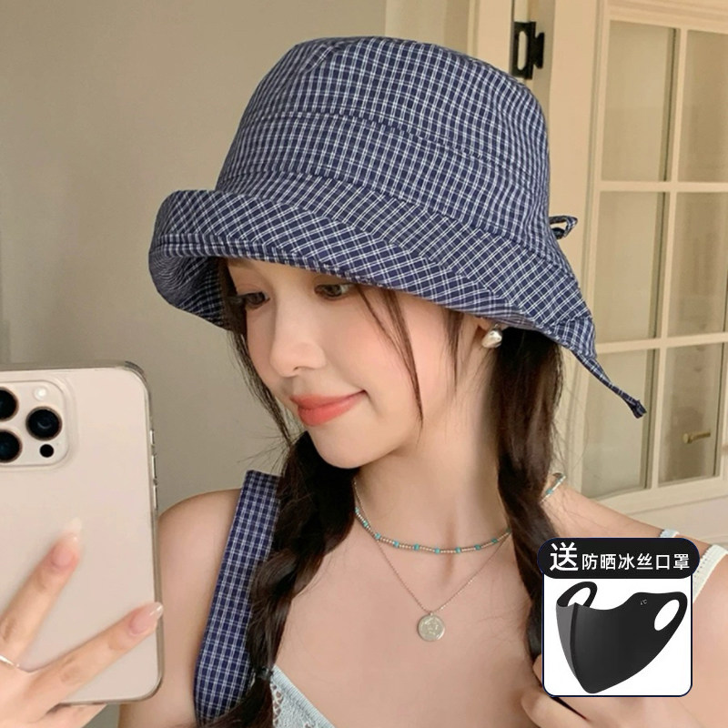 出口日本藏青格子渔夫帽女2026新款小清新卷边遮阳帽大檐防晒盆帽
