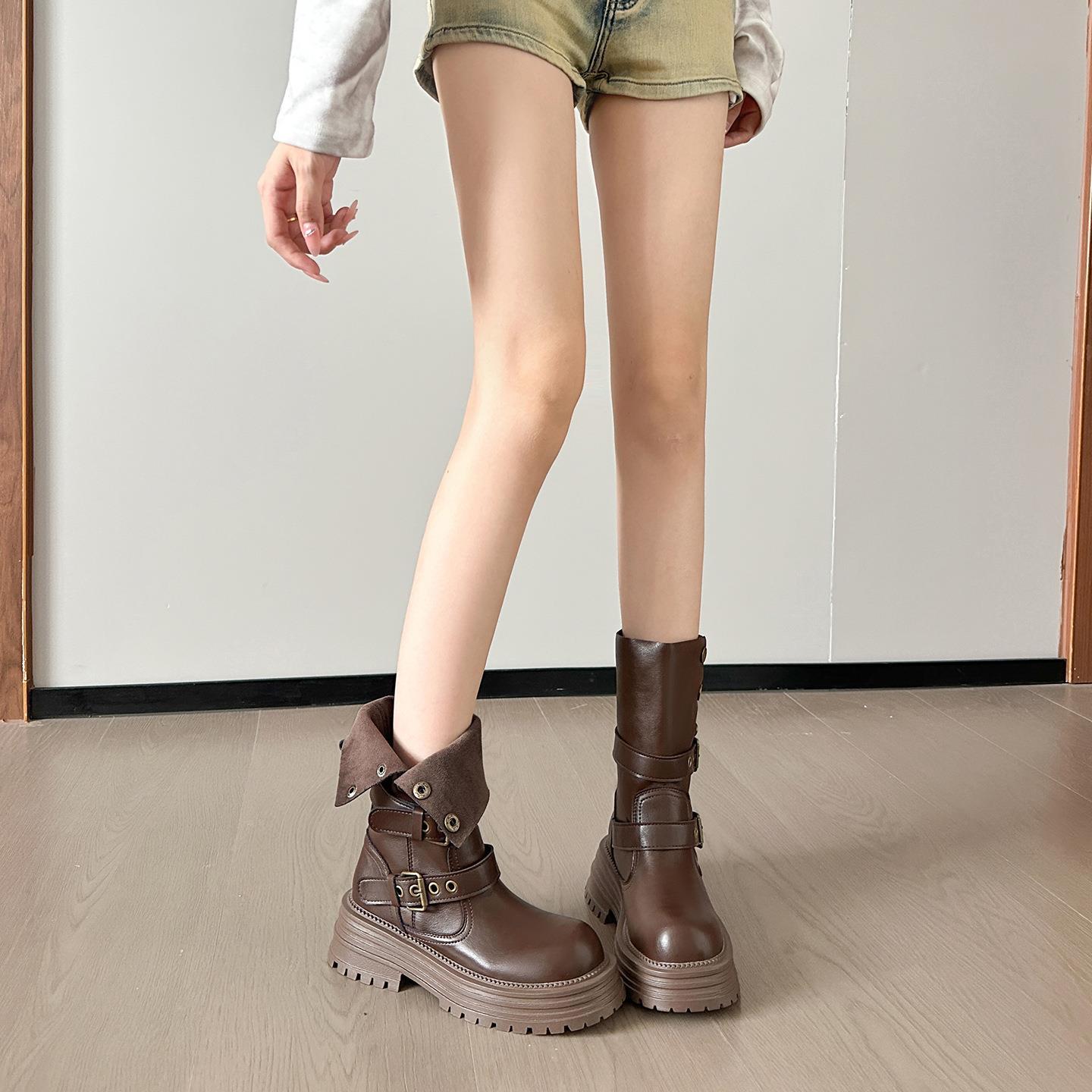 2025新款休闲薄款西部时尚短靴子英伦风简约棕色厚底马丁靴女夏款