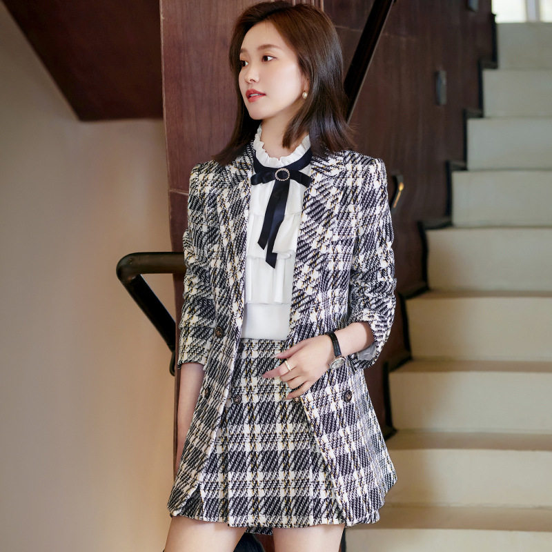 格子西装套装女2024春秋新款职业学院风JK制服气质百褶裙西服套裙