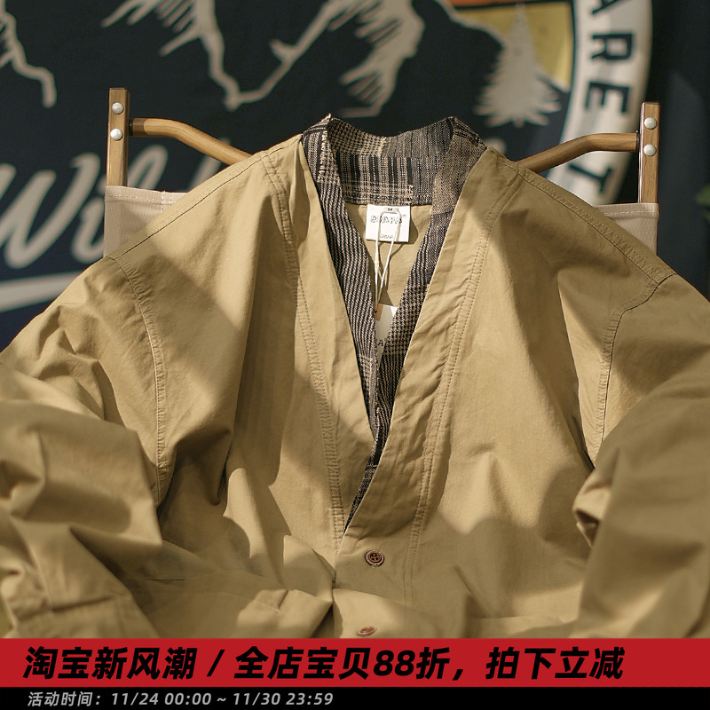 【坂崎】春季日系复古假两件开衫道袍外套男休闲宽松潮牌工装夹克