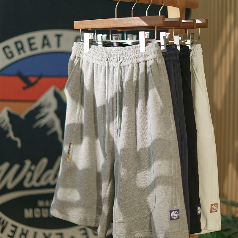 【侧标】夏季日系纯色针织运动短裤男休闲宽松情侣装抽绳五分裤子