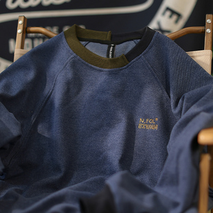 【疆界】麒麟先生春季日系复古拼色磨毛圆领卫衣男刺绣长袖套衫