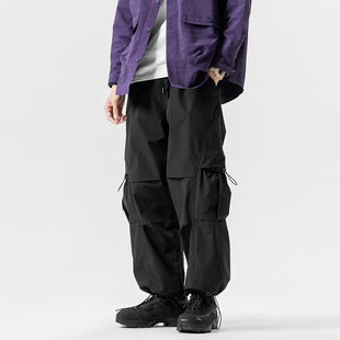 【锦鳞】秋季日系机能风抽绳工装裤男休闲宽松潮牌大口袋束脚长裤